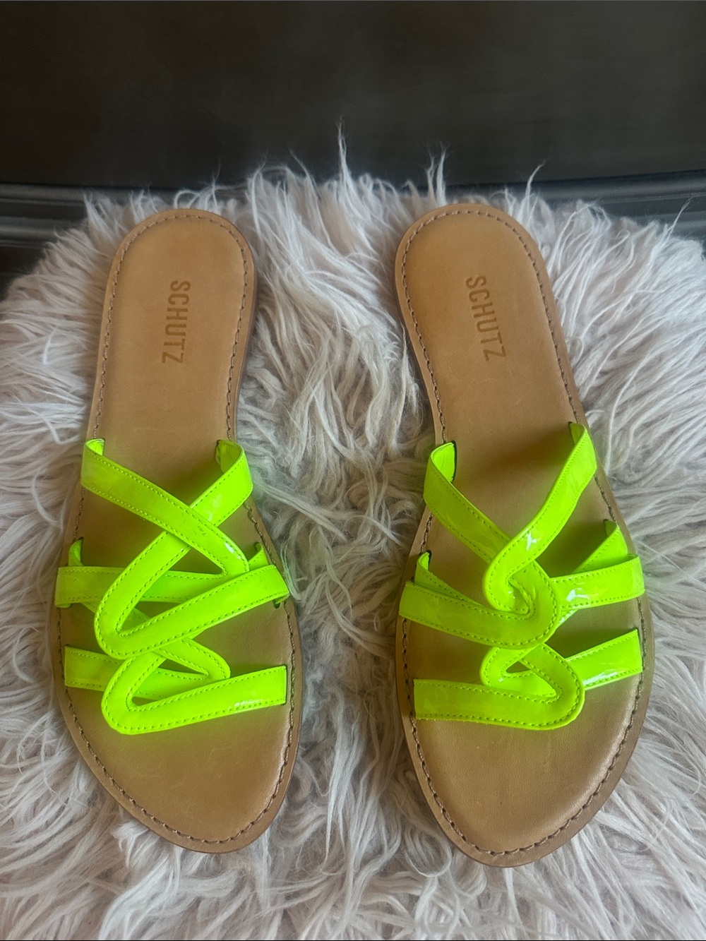 SCHUTZ Neon Lime Strappy Slide Sandals